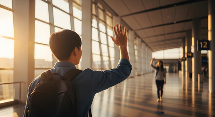 A person with a backpack waves goodbye to another person in a bright airport terminal at sunset.