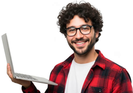 Smiling man with curly hair wearing glasses and a red plaid shirt holding a laptop against a black background