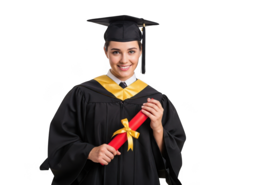 A young woman proudly smiles while wearing a graduation cap and gown holding a diploma rolled up with a red ribbon