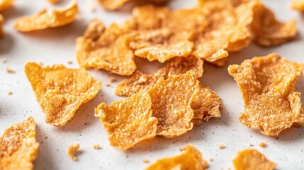 A close-up of crispy fried food pieces arranged on a light background