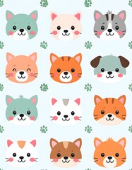 Fototapeta premium Whimsical Cartoon Cats and Dog Pattern with Pastel Colors and Paw Prints on Light Blue Background