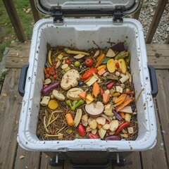 Compost bin filled with food scraps placed on backyard wooden deck.