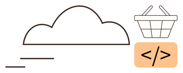 Cloud graphic with streaming lines, shopping basket, and coding tag for technology, e-commerce, development, programming, software, digital transformation connectivity. Clean and simple flat