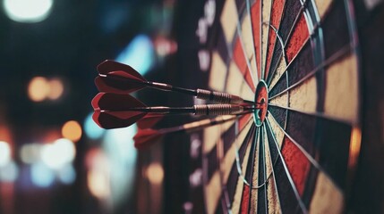 A close-up of darts embedded in a dartboard, highlighting precision and focus in the game.