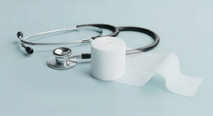 A stethoscope and a roll of medical bandage on a light blue surface in a studio environment