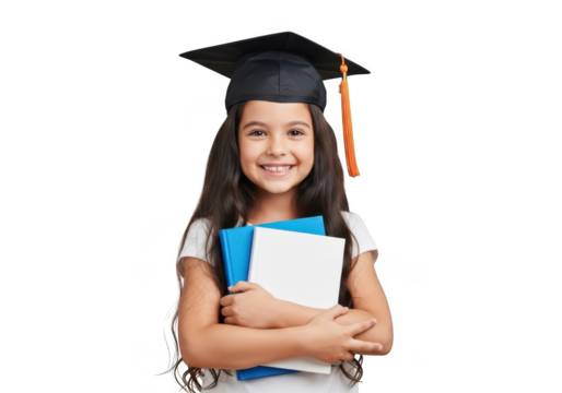 A young girl wearing a graduation cap and holding books smiling proudly against a black background symbolizing academic achievement and future success