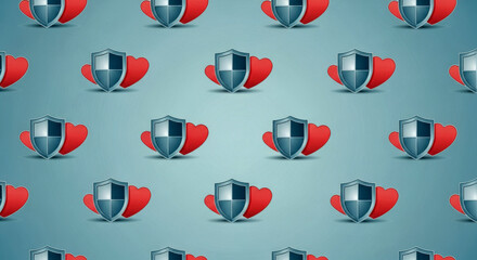 Repeating pattern of silver shields protecting red hearts on a light blue gradient background image