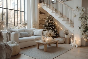 Cozy Christmas Living Room With Neutral Decor, Christmas Tree, Candles, Soft Pillows, And Staircase Accent Under Warm Fairy Lights For A Serene Holiday Home Scene