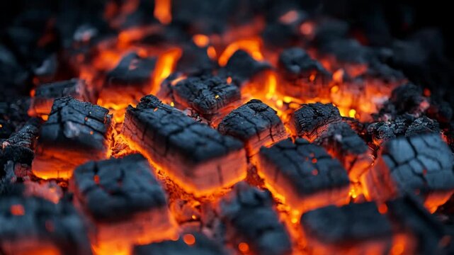 Hot Glowing Charcoal Embers a fiery close-up background for grilling BBQ and cozy fireplace scenes.