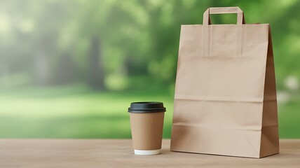 brown paper bag and single use coffee to go paper cup mockup concept with blurred green background