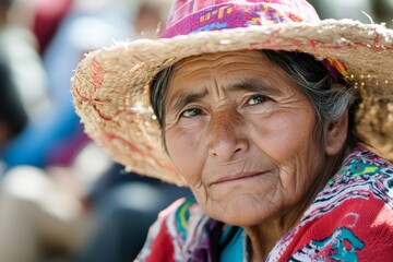 Indigenous woman wearing a traditional straw hat looking