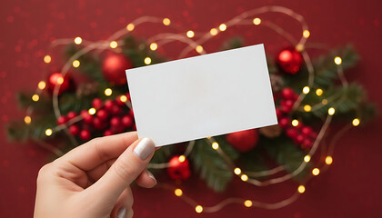 woman hand holding business card infront of red christmas background