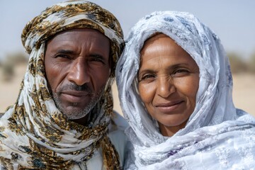 Tuareg couple wearing traditional headscarves in desert