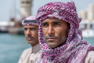 Arab men wearing traditional attire at harbor