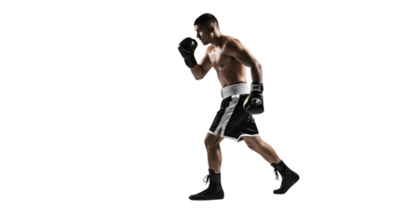 Powerful boxer in striking pose, athletic build, ready for combat