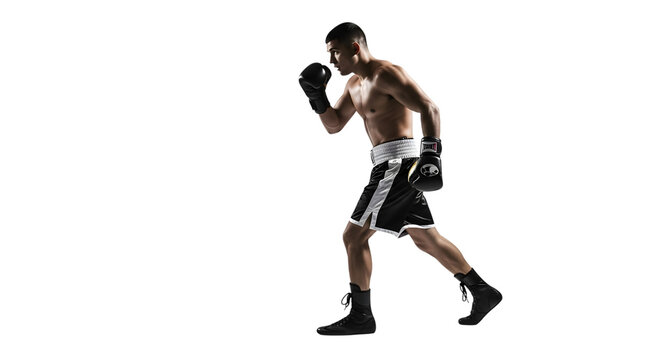 Powerful boxer in striking pose, athletic build, ready for combat