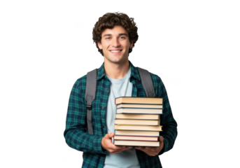 Smiling young man with curly hair wearing a plaid shirt and backpack holds a stack of books against a black background