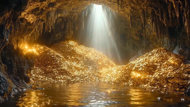 Treasure Cave with Piles of Gold Coins a cinematic fantasy background for wealth success and adventure.