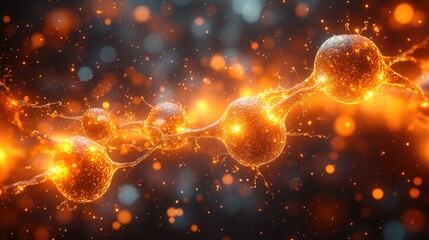 A close-up of glowing neurons with branching dendrites, emitting a warm, golden light. The blurred background creates a bokeh effect