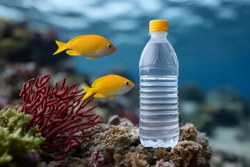 Plastic bottle polluting coral reef ecosystem with fish