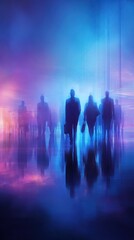 Silhouetted Figures in a Neon Blue Corridor Conveying Modern Business Pace and Urban Movement