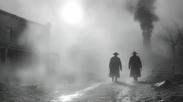 Western Cowboys in a Foggy Old Town a cinematic black and white scene for movie trailers and historical drama.