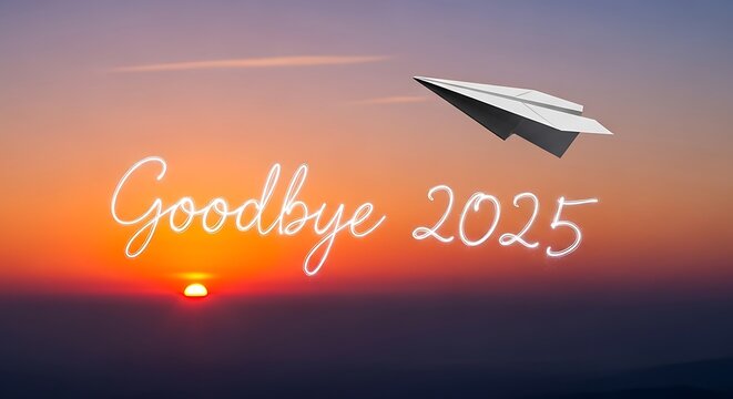 A paper airplane flies above goodbye text at sunset time