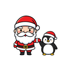 Cartoon santa claus holding hand with penguin 