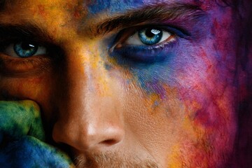 Vibrant artistic portrait of man with colorful painted face and blue eyes