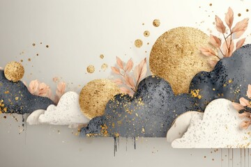 Golden Celestial Abstraction: A captivating abstract composition features celestial elements with golden accents. This artwork embodies the elegance of fine art and evokes a sense of tranquility.