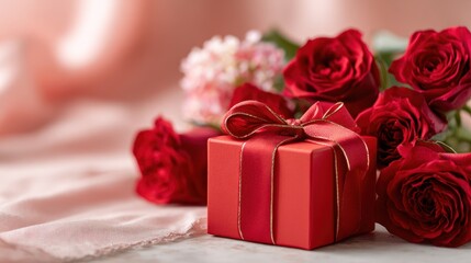 Elegant Red Gift Box With Ribbon Among Roses on Soft Pink Fabric &mdash; Romantic Celebration Item for Valentine&rsquo;s Day, Gift, Anniversary, or Special Occasion