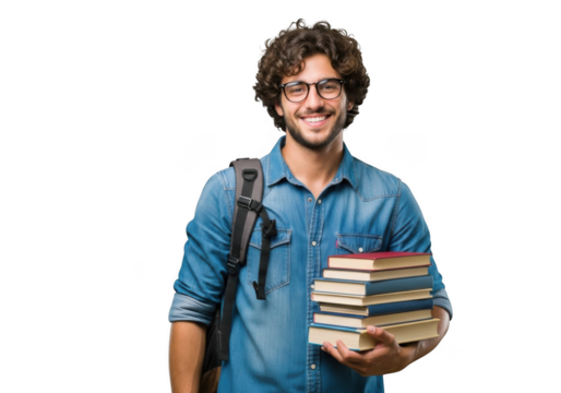 A smiling young man with curly hair and glasses wearing a denim shirt and backpack holds a stack of books against a black background