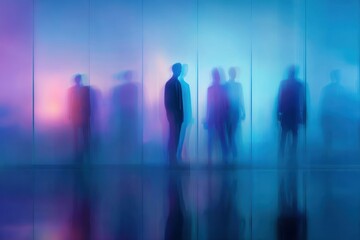 People in a Colorful Glass Corridor: Blurred Silhouettes and Reflections Create a Modern, Abstract Business Scene of Motion, Ambition, and Connectedness