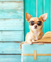 Chihuahua dog wearing sunglasses sitting on travel suitcase