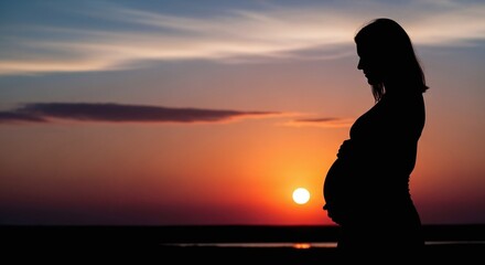 Pregnant caucasian woman silhouette with hands on belly standing against beautiful sunset sky. Maternity, expectation, and new life concept.