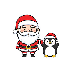 Cartoon santa claus holding hand with penguin 