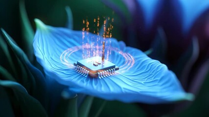 A CPU sits atop a soft, blue petal. Digital data streams upwards from the chip, creating a vibrant display of technology meets nature - Powered by Adobe