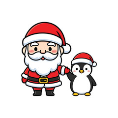 Cartoon santa claus holding hand with penguin 