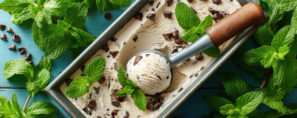 Mint chocolate chip ice cream served in a metal tub with fresh mint leaves and chocolate chips on a rustic blue wooden background