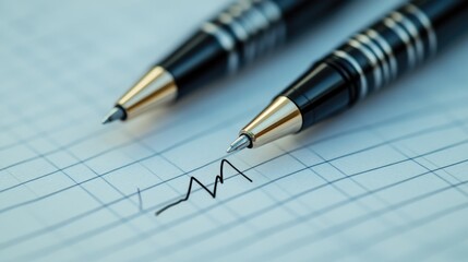 A close-up of pens on a graph paper with a heartbeat line.