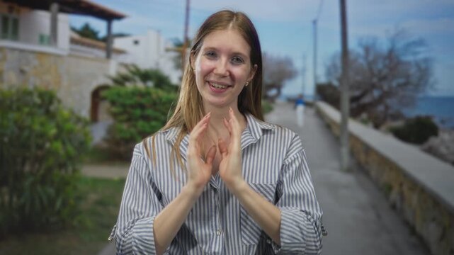 Young blonde woman in striped shirt clasping hands and smiling on seaside street near promenade; serenity joy.