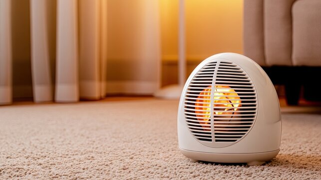 Impact of unattended electric space heater on living room carpet with blurred interior design in background