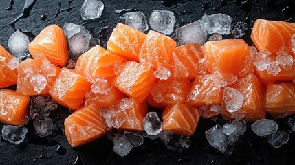 A close-up of raw salmon pieces and ice cubes on a black surface. top view, background.