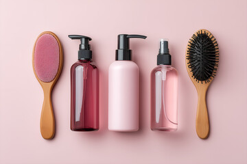 Elegant hair care set for healthy hair routine, featuring brush and bottles in soft pink tones for modern beauty concepts and branding visuals