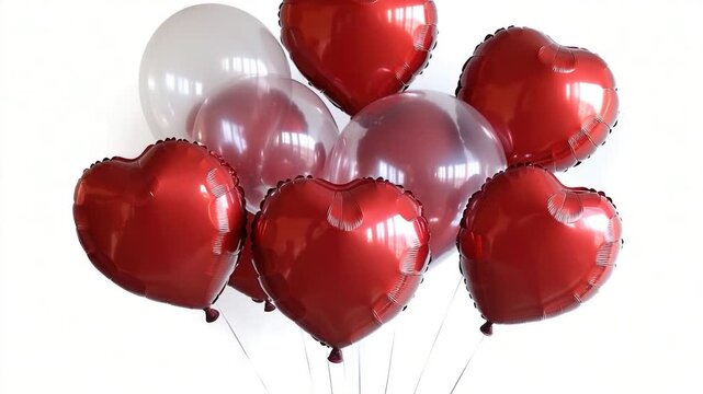 A bunch of red and white heart-shaped balloons floating in the air, great for Valentine's Day or romantic occasions