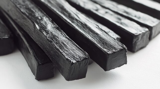 A close-up of several black, rectangular licorice sticks arranged on a white surface