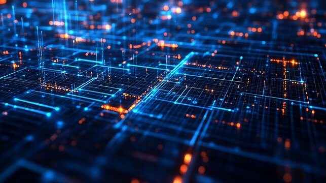 Stunning futuristic network grid with glowing connections for tech innovation and data flow visualizations in sophisticated blue and orange tones