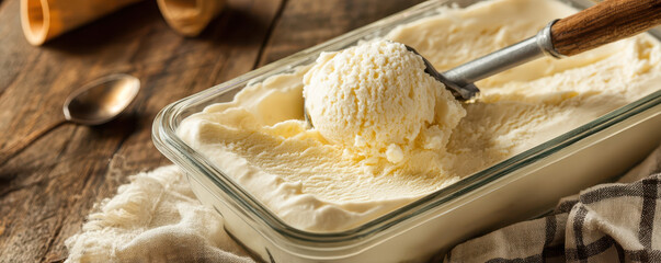 Creamy vanilla ice cream in a glass dish with a scoop and wooden handle on a rustic wooden table