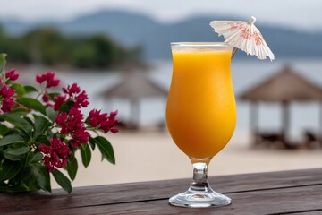 Refreshing tropical drink with beach umbrellas and flowers