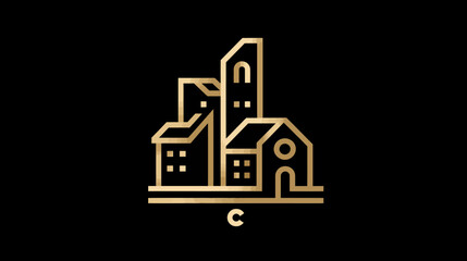 Obraz premium Elegant golden line art cityscape icon on black background. Modern minimalist urban architecture illustration with various buildings.